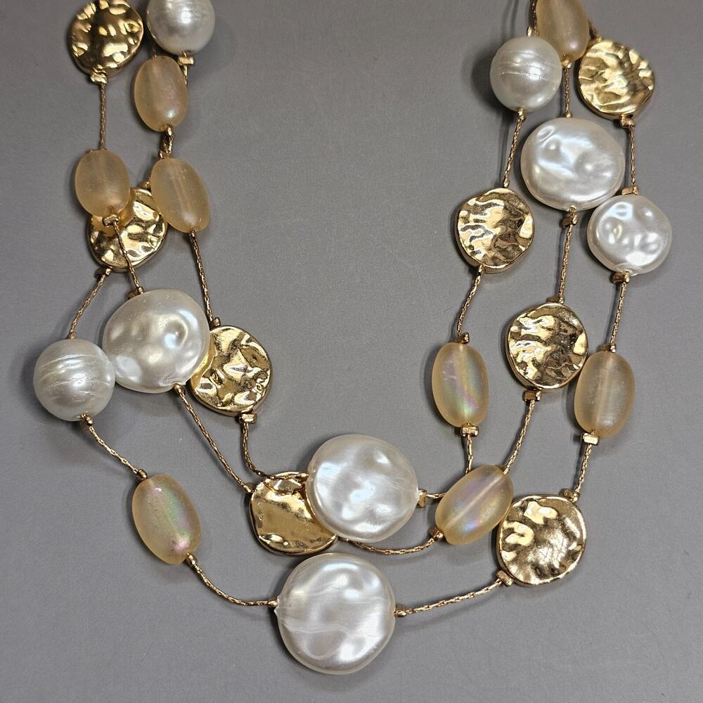 Faux Pearl White & Goldtone Coin Triple Strand Layered Necklace 15" to 17 1/2"